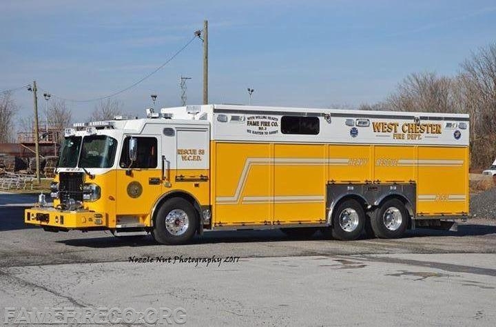 Rescue 53 is certified by the Commonwealth of Pennsylvania as an ADVANCED RESCUE SERVICE in the Vehicle/Machinery and Swiftwater Rescue disciplines. Rescue 53 is 1st out on vehicle and technical rescue calls within the WCFD service area. It is also part of the Chester County Rescue Task Force. It is a 2017 Spartan CustomFIRE Apparatus walk-in stainless steel heavy rescue. It is powered by a Cummins ISX15 550 hp diesel motor, Allison EV4000 automatic six-speed transmission. It has LED warning and scene lighting. An Onan 35kW PTO driven electric generator and a Vanair 85 cfm air compressor supplies power and work air/breathing air. There is seating for ten (10) firefighters (driver and officer in cab and eight (8) seated SCBA positions in the crew area). Four (4) pre-connected HURST hydraulic reels - (1) one KL-32 spreader and (1) one JL-500 cutter on each side, (3) three portable HURST hydraulic motors, various HURST rams, a HURST eDraulic SP555E2 spreader and HURST eDraulic S700E2 cutter round out the hydraulic rescue tools. Large complement of Paratech ACME thread rescue struts, Paratech Longshore struts and bases, multiple Paratech Maxi-Force high pressure air bags, Paratech MULTI-FORCE high-pressure, high-lift air bag. (2) Paratech Hydra-Fusion Struts, massive amount of wood cribbing (exceeding PA DOH Advanced Rescue Service requirements), (2) two Husqvarna rotary saws, (2) two ventilation chainsaws, STIHL Rock-Boss concrete cutting chainsaw, large complement of air-powered tools (air-chisels, Whizzer saw), machinery rescue equipment, portable oxy-acetylene torch kit, portable Petrogen oxy-gasoline cutting torch, large complement of heavy rigging equipment, Tirfor TU-32 Griphoist, portable 9000 lbs WARN winch, a WARN 25,000 lbs bumper-mounted hydraulic winch, ventilation fans and gas blowers. TECHNICAL RESCUE equipment include confined space blower and extension, (4) four SCOTT SKA-PAKS, CONSPACE hardwire communications kit, massive amounts of rope rescue equipment (lifeline and assorted rope rescue rigging equipment, ARIZONA VORTEX), multiple stokes baskets, ice rescue and swiftwater rescue equipment, ConSpace SearchCam 3000 and HASTY Search kit technical search cameras and (6) six sensor DELSAR seismic and acoustic listening system, (2) two thermal imaging cameras, basic life support EMS equipment and various firefighting tools and equipment. It also has a Class 5 tow-hitch capable of towing one of the collapse/trench rescue trailers or boats.